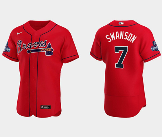 Men's Atlanta Braves #7 Dansby Swanson 2021 Red World Series Champions Flex Base Stitched Jersey